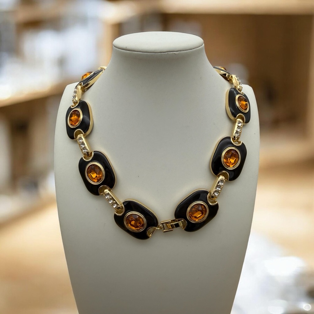 Gold-Tone Black and Amber Statement Necklace